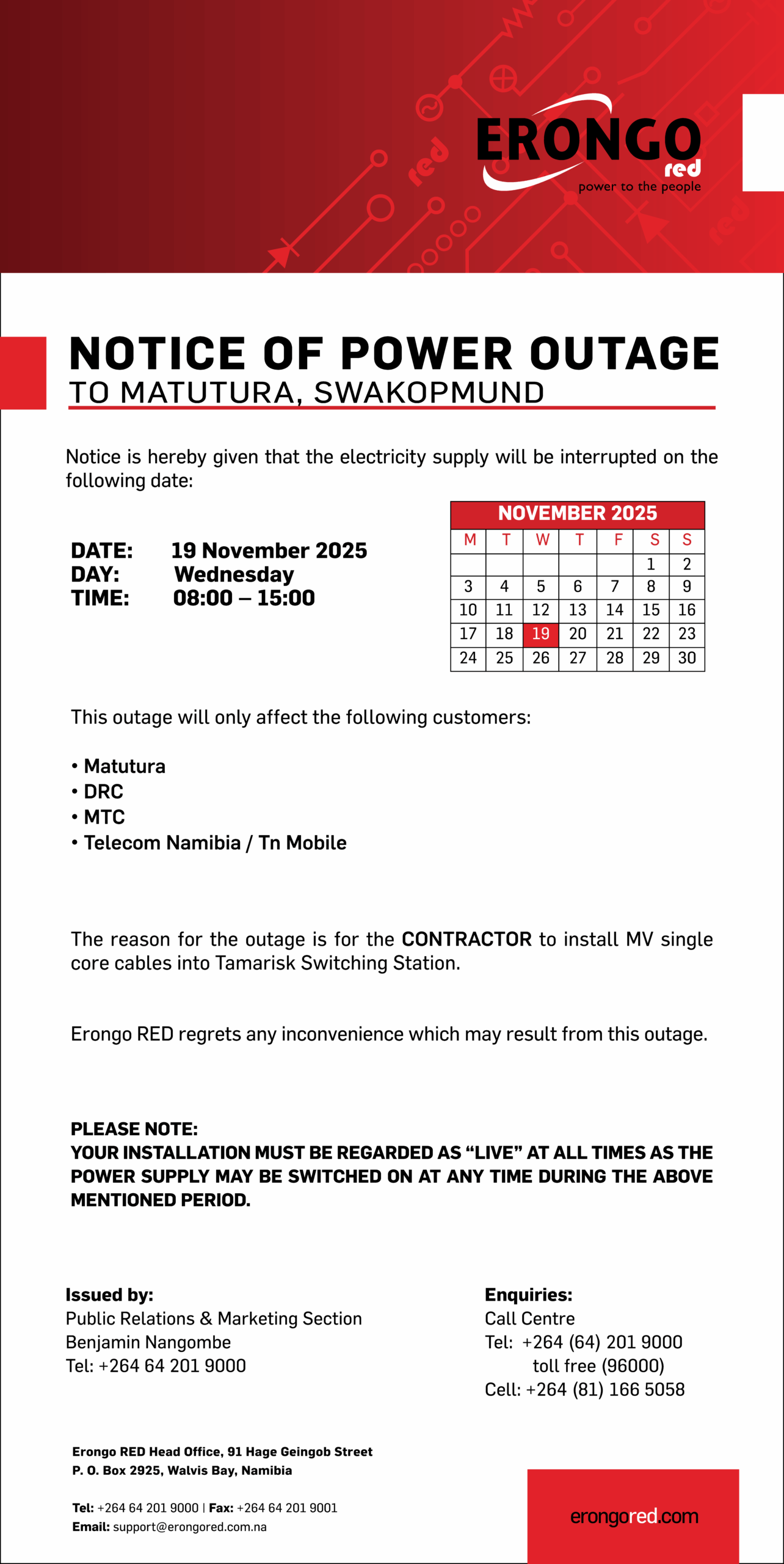 NOTICE OF POWER OUTAGE TO MATUTURA, SWAKOPMUND