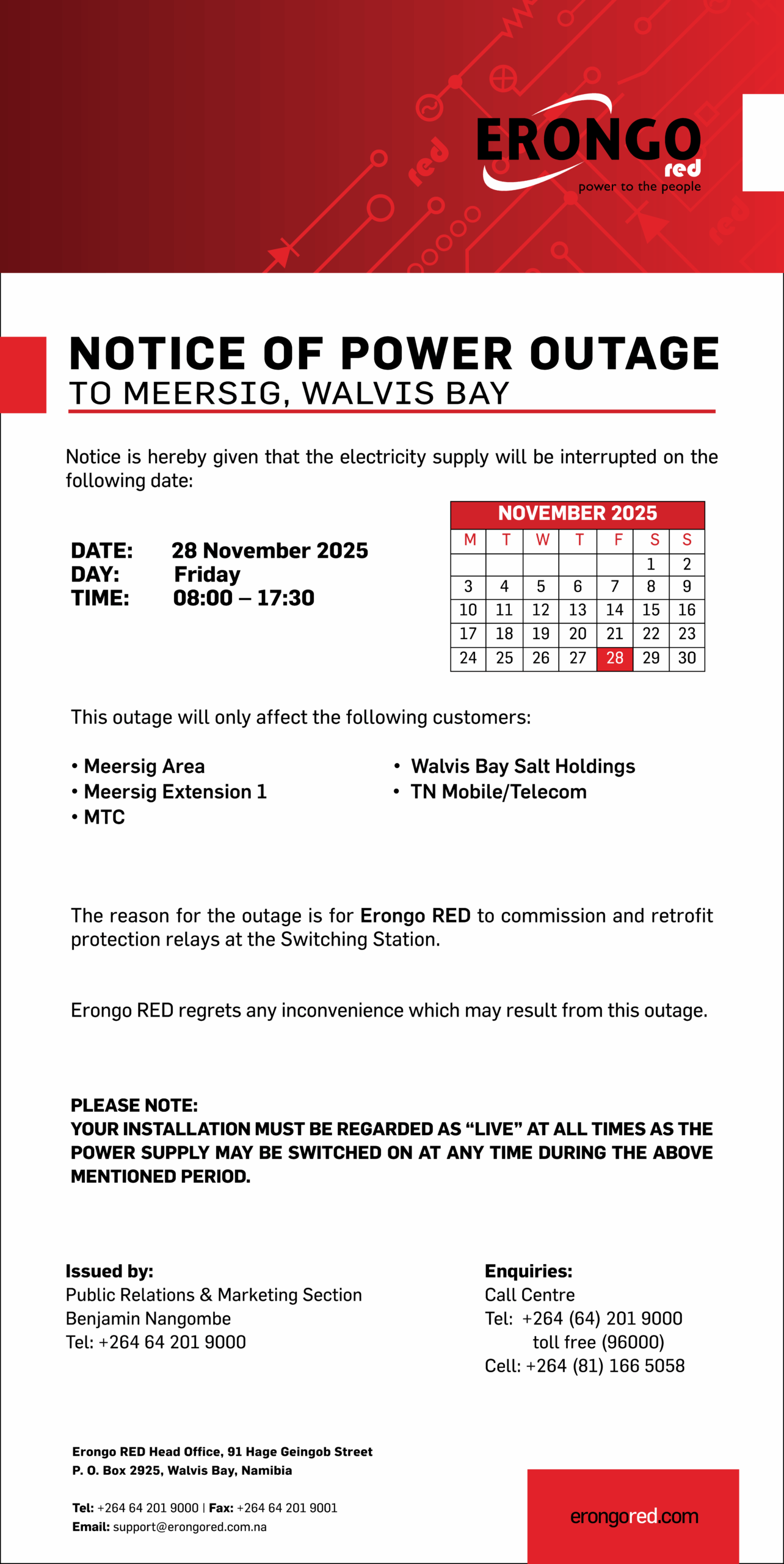 NOTICE OF POWER OUTAGE TO MEERSIG, WALVIS BAY