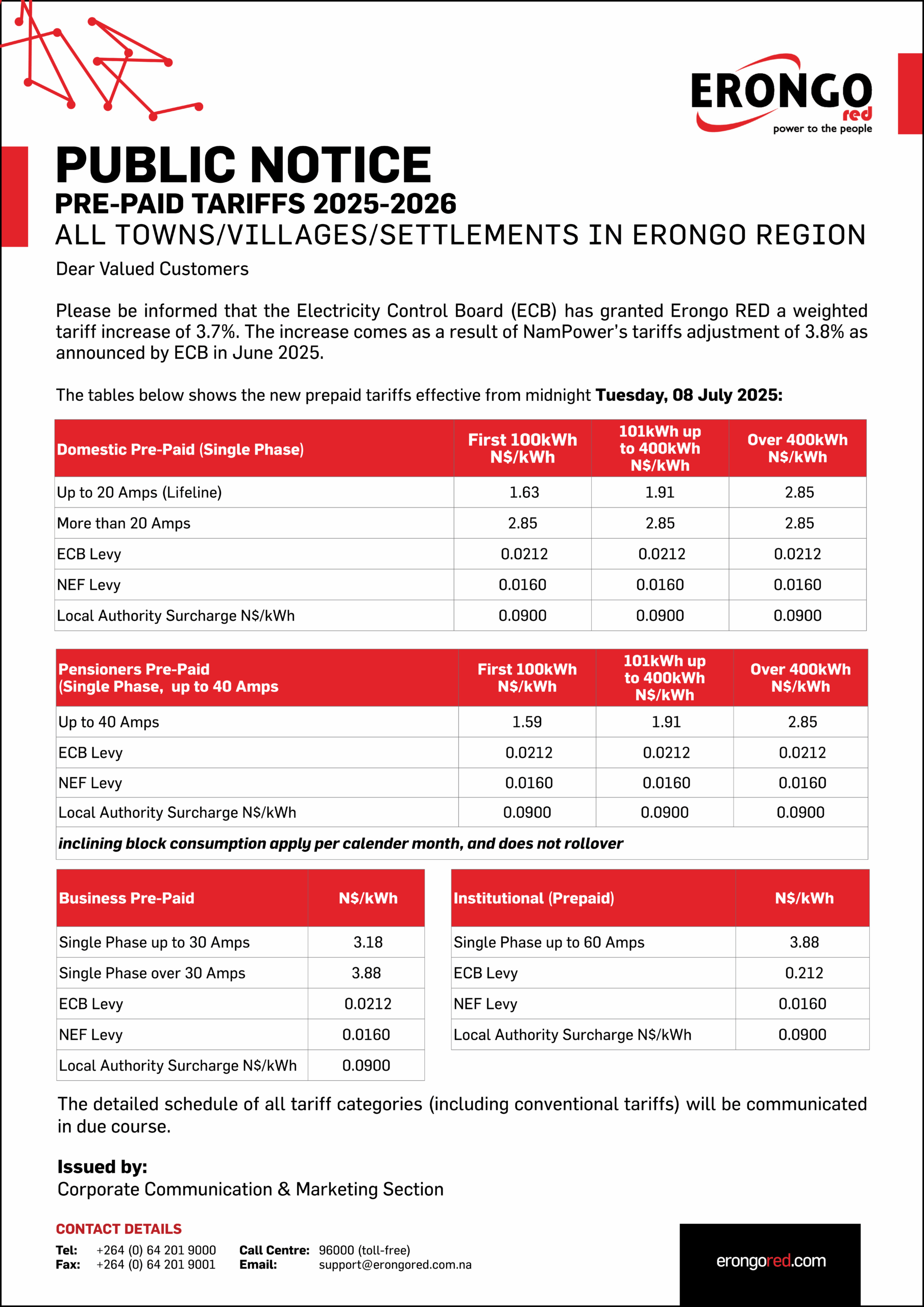TARIFFS PREPAID 2025 – 2026