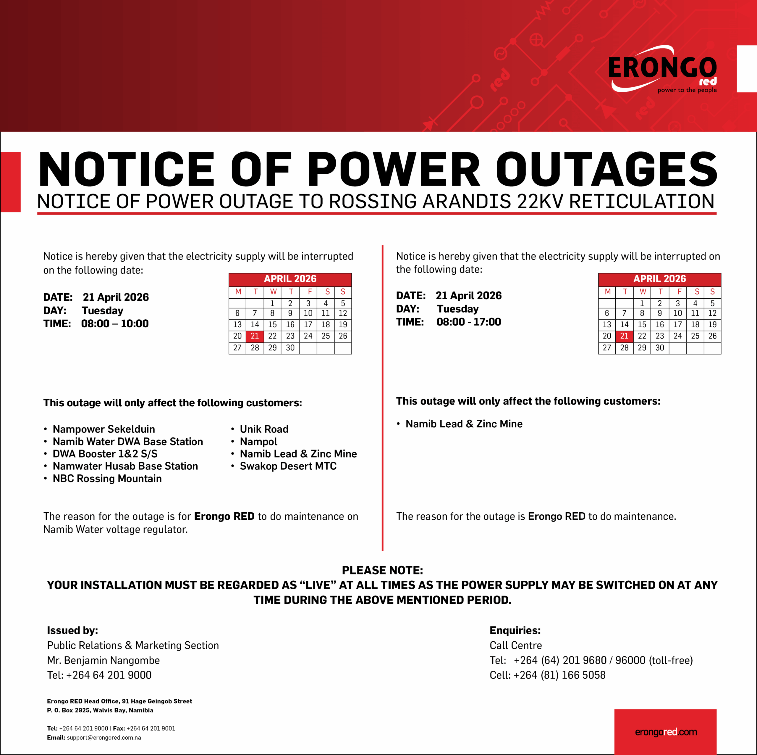 NOTICE OF POWER OUTAGE TO ROSSING ARANDIS 22KV RETICULATION