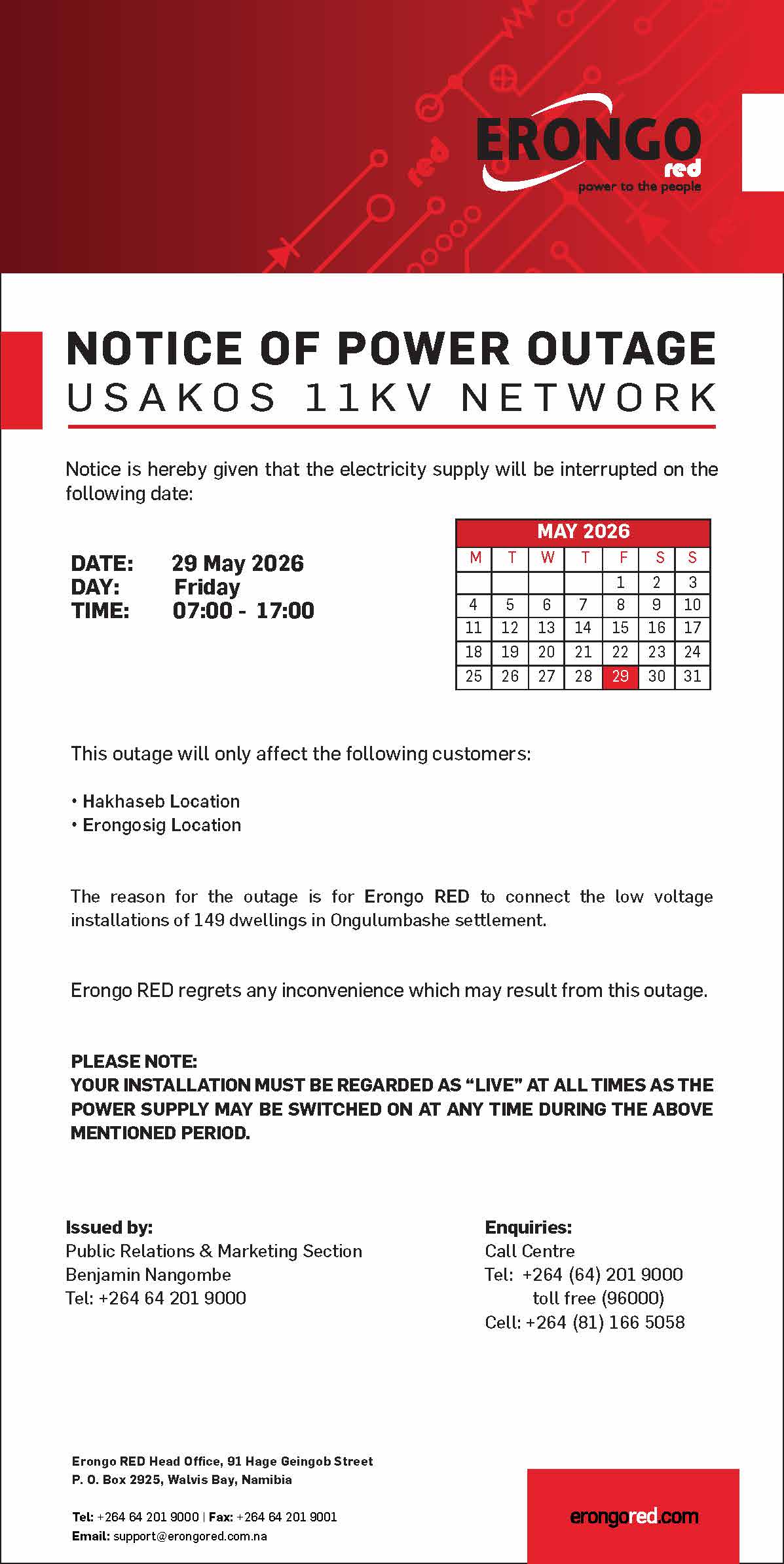 NOTICE OF POWER OUTAGE USAKOS 11KV NETWORK