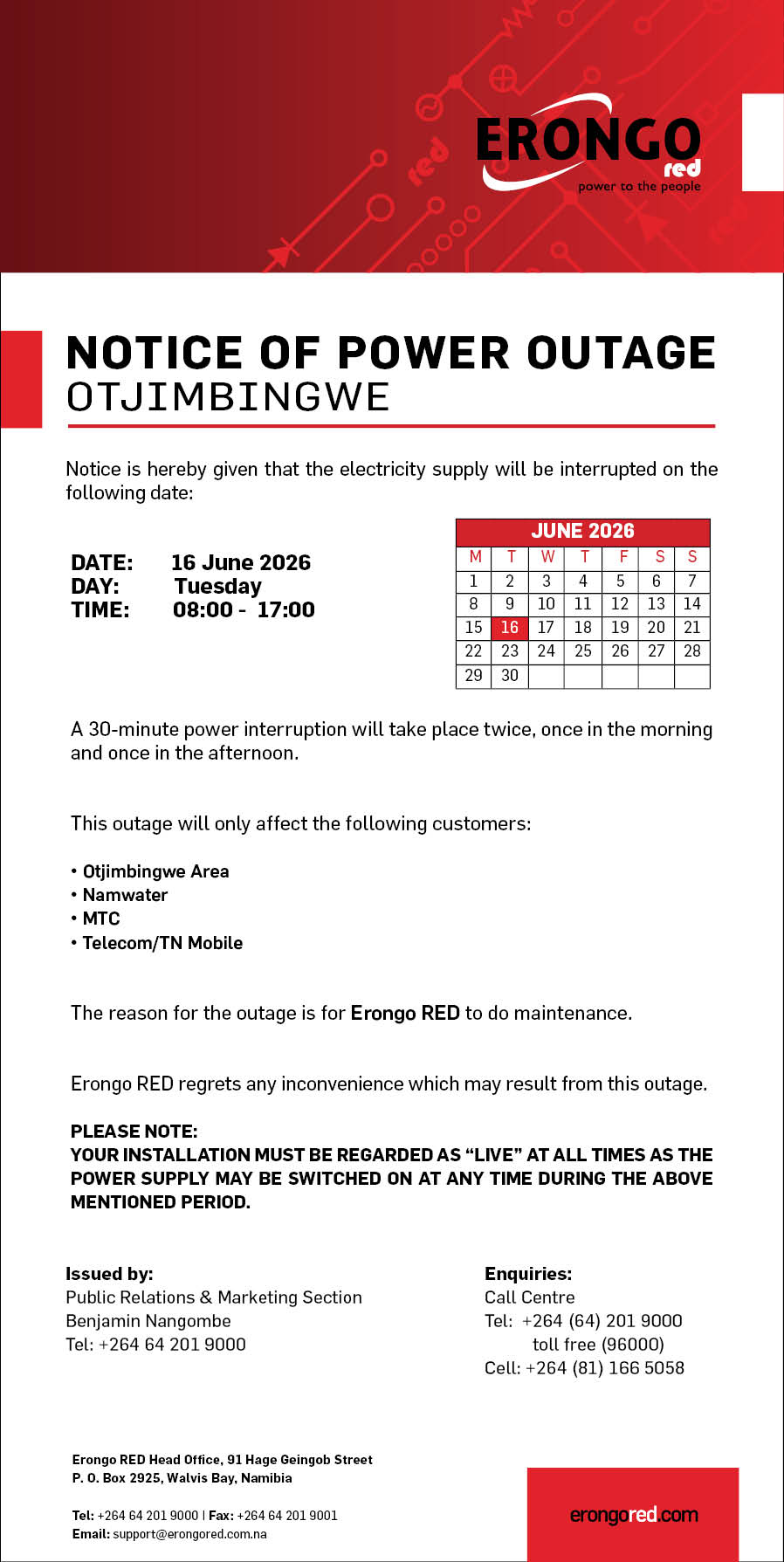 NOTICE OF POWER OUTAGE TO OTJIMBINGWE