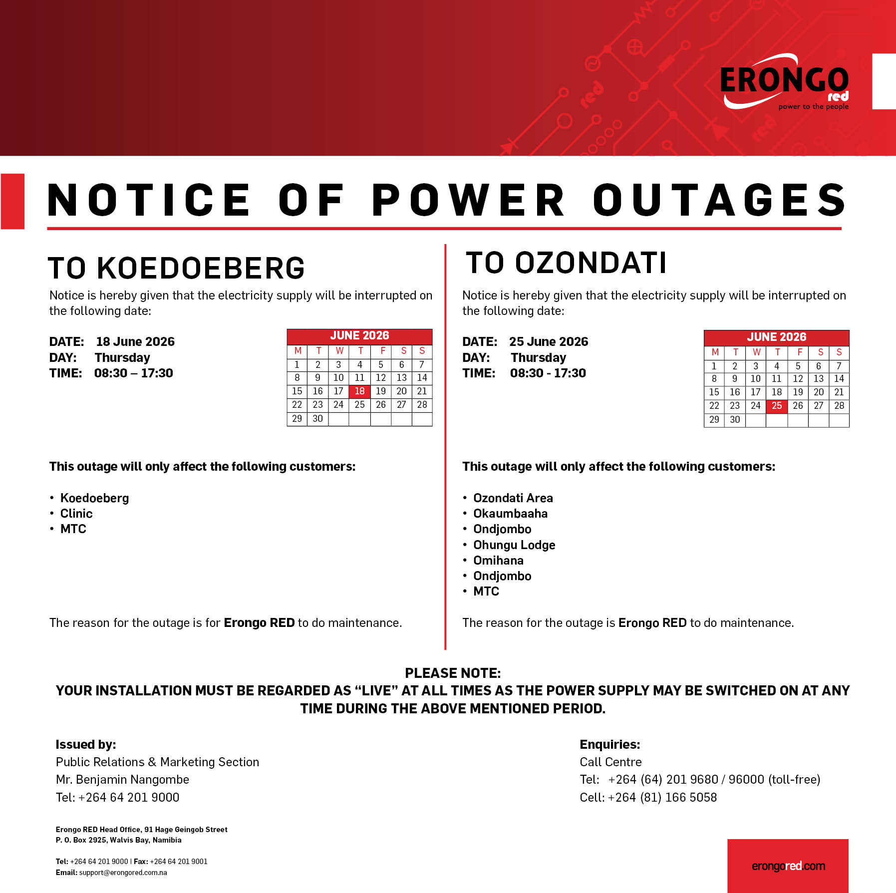 NOTICE OF POWER OUTAGES TO KOEDOEBERG & OZONDATI
