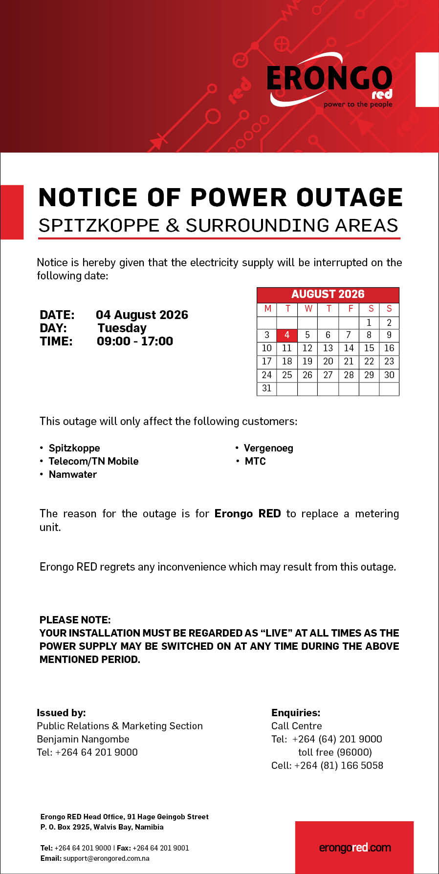 NOTICE OF POWER OUTAGE TO SPITZKOPPE & SURROUNDING AREAS