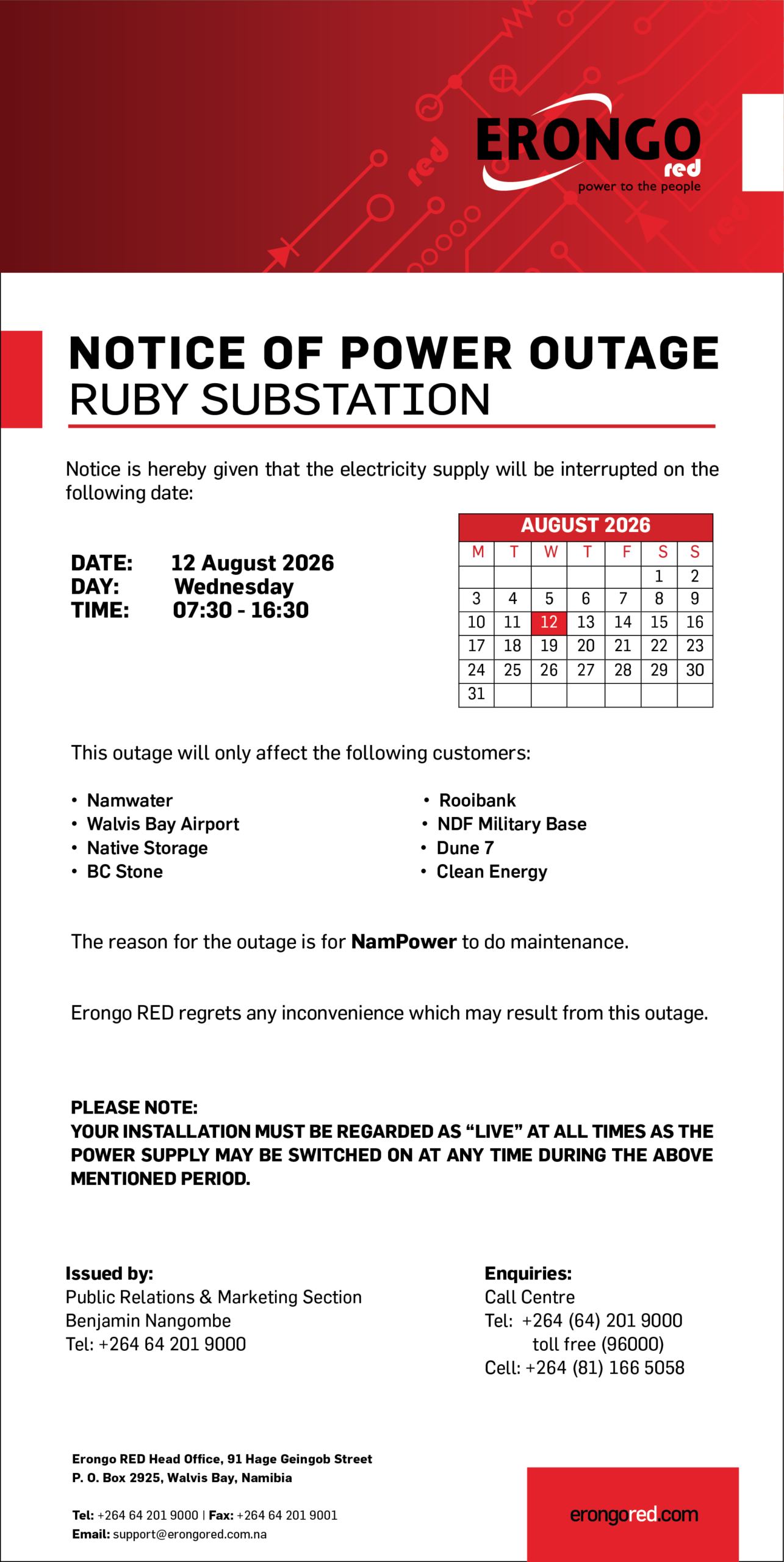 NOTICE OF POWER OUTAGE RUBY SUBSTATION
