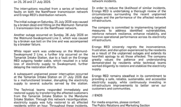 UPDATE ON RECENT UNPLANNED POWER OUTAGES IN SWAKOPMUND