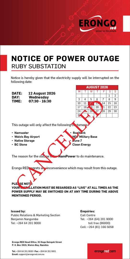 CANCELLATION OF POWER OUTAGE TO RUBY SUBSTATION