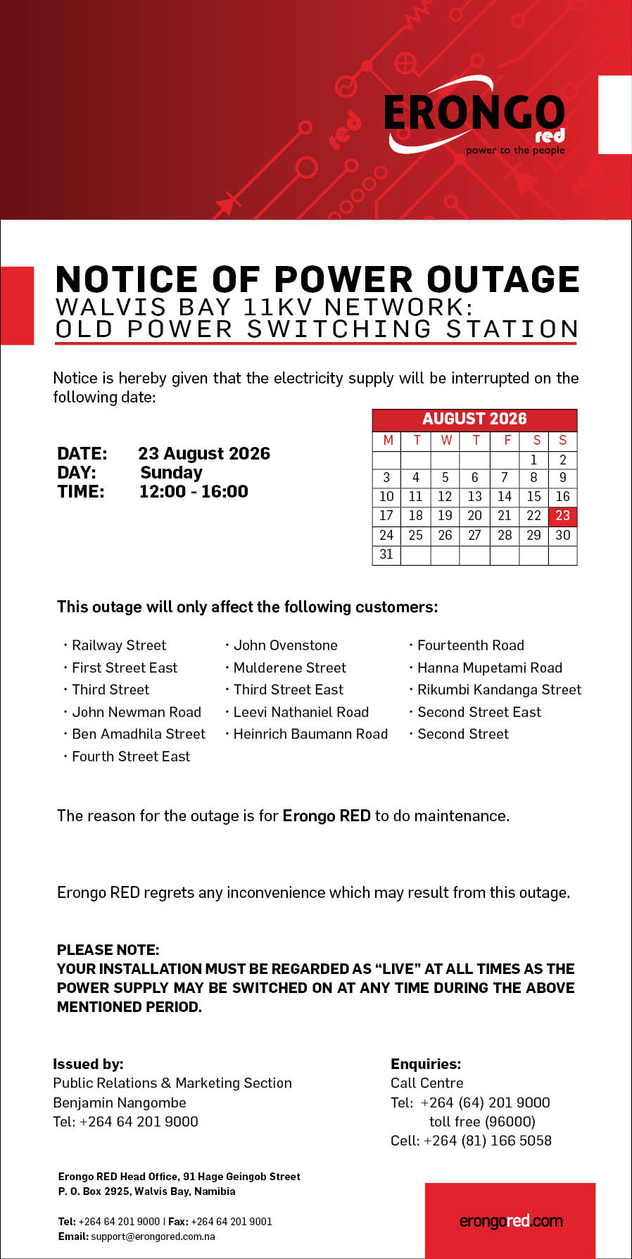 NOTICE OF POWER OUTAGE WALVIS BAY 11KV NETWORK: OLD POWER SWITCHING STATION