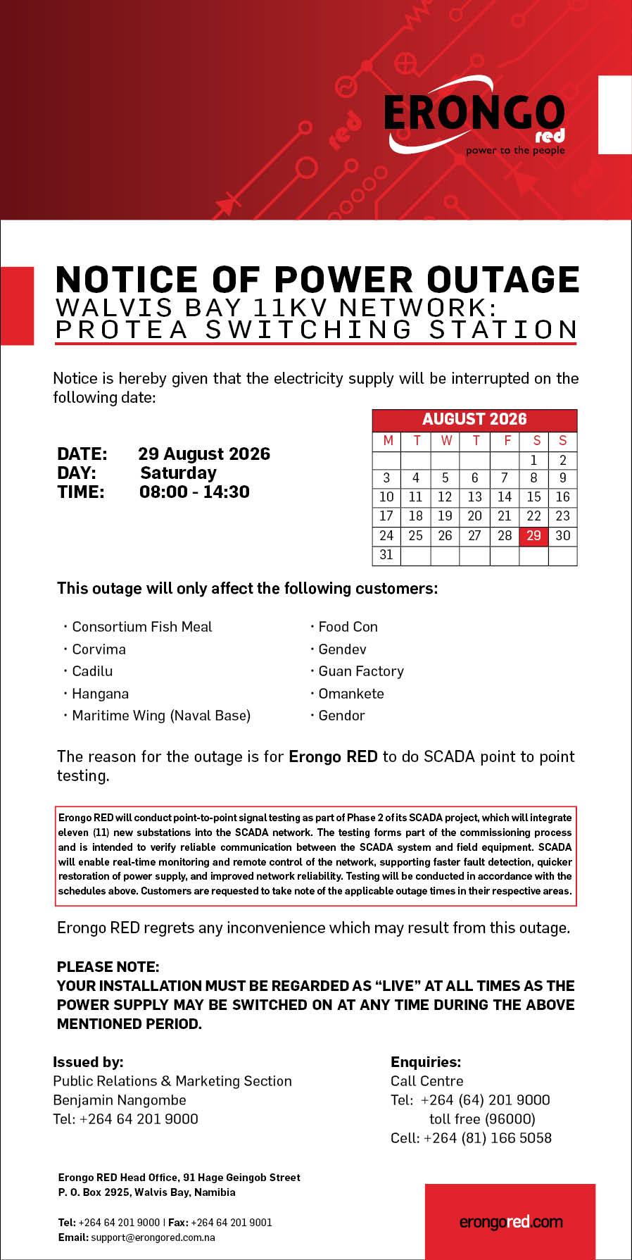 NOTICE OF POWER OUTAGES TO WALVIS BAY 11KV NETWORK PROTEA SWITCHING STATION