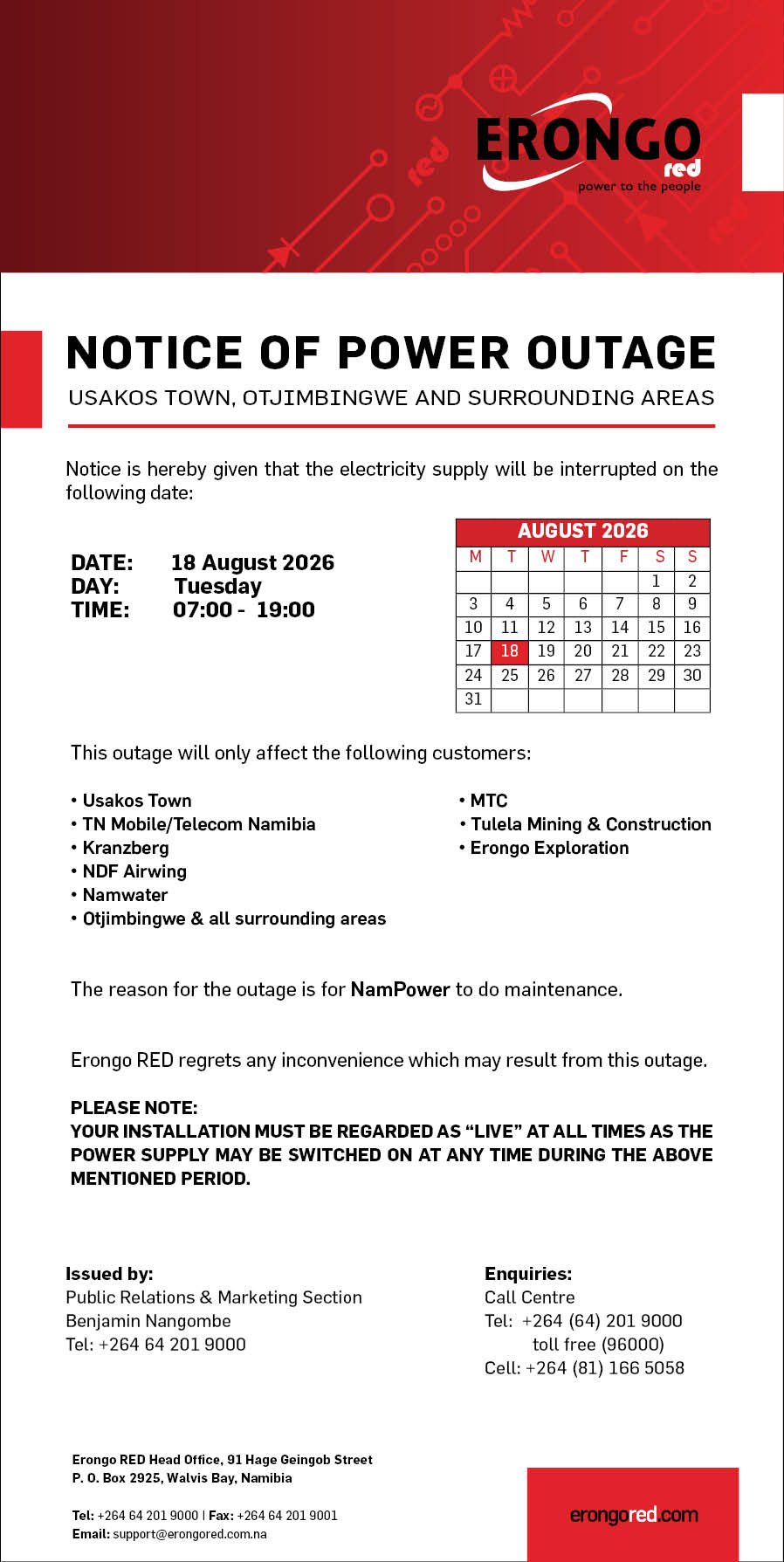  NOTICE OF POWER OUTAGE TO USAKOS TOWN, OTJIMBINGWE AND SURROUNDING AREAS