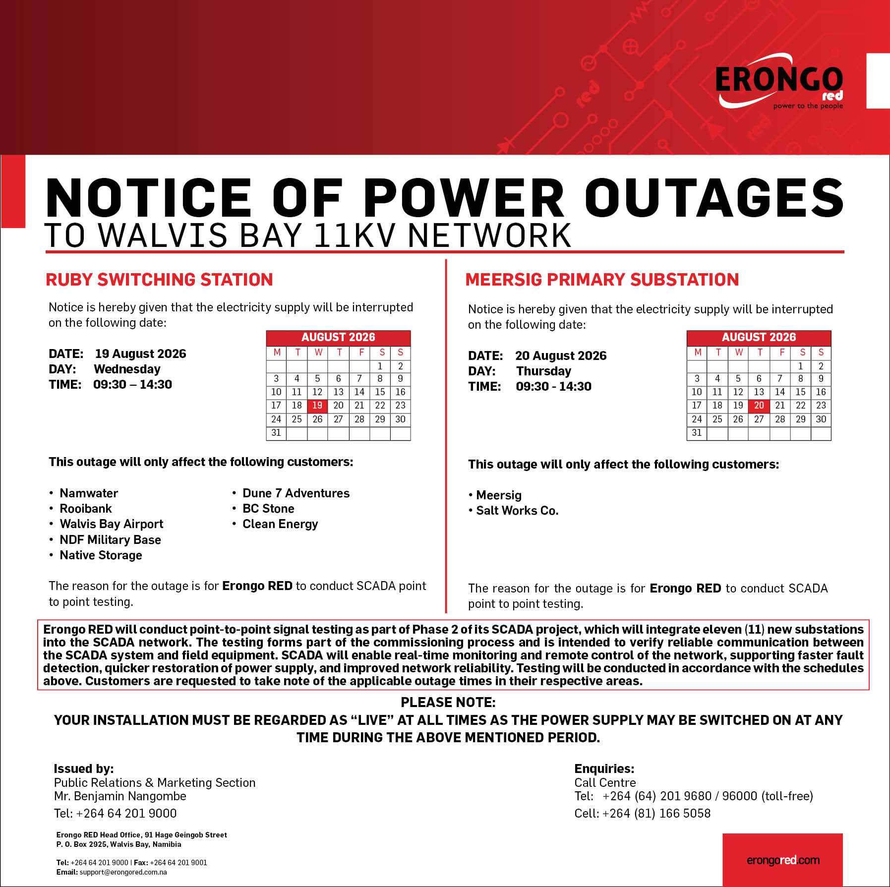 NOTICE OF POWER OUTAGES TO RUBY INTAKE SUBSTATION AND MEERSIG PRIMARY SUBSTATION