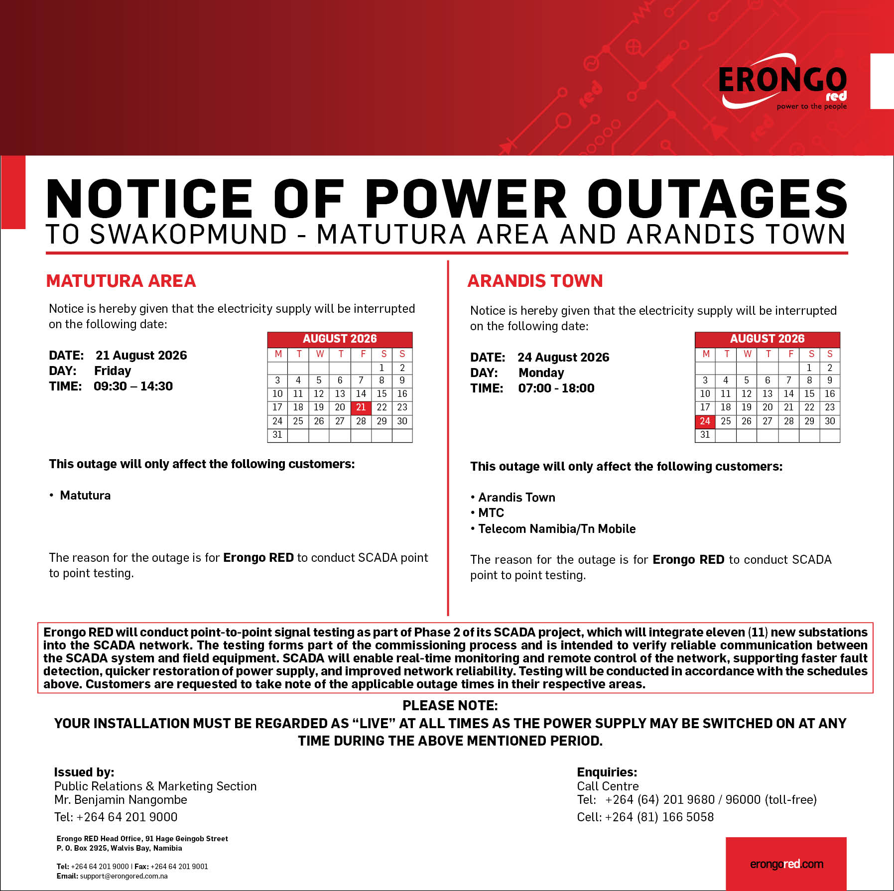 NOTICE OF POWER OUTAGES TO MATUTURA AREA AND ARANDIS TOWN
