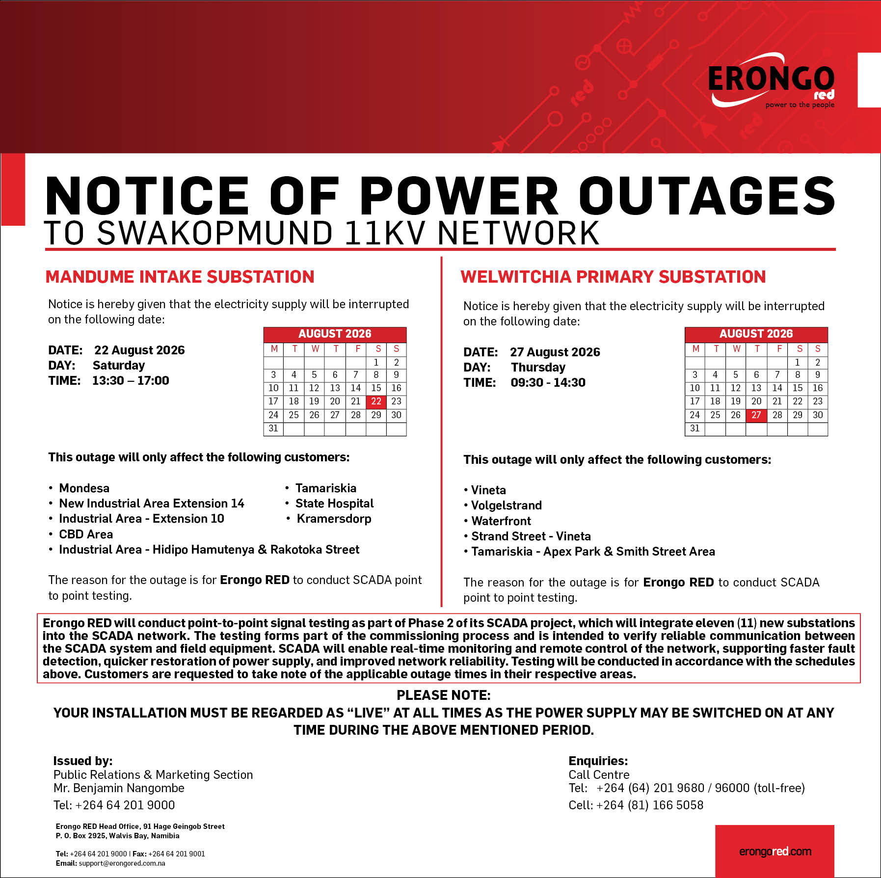 NOTICE OF POWER OUTAGES TO MANDUME INTAKE SUBSTATION & WELWITCHIA PRIMARY SUBSTATION