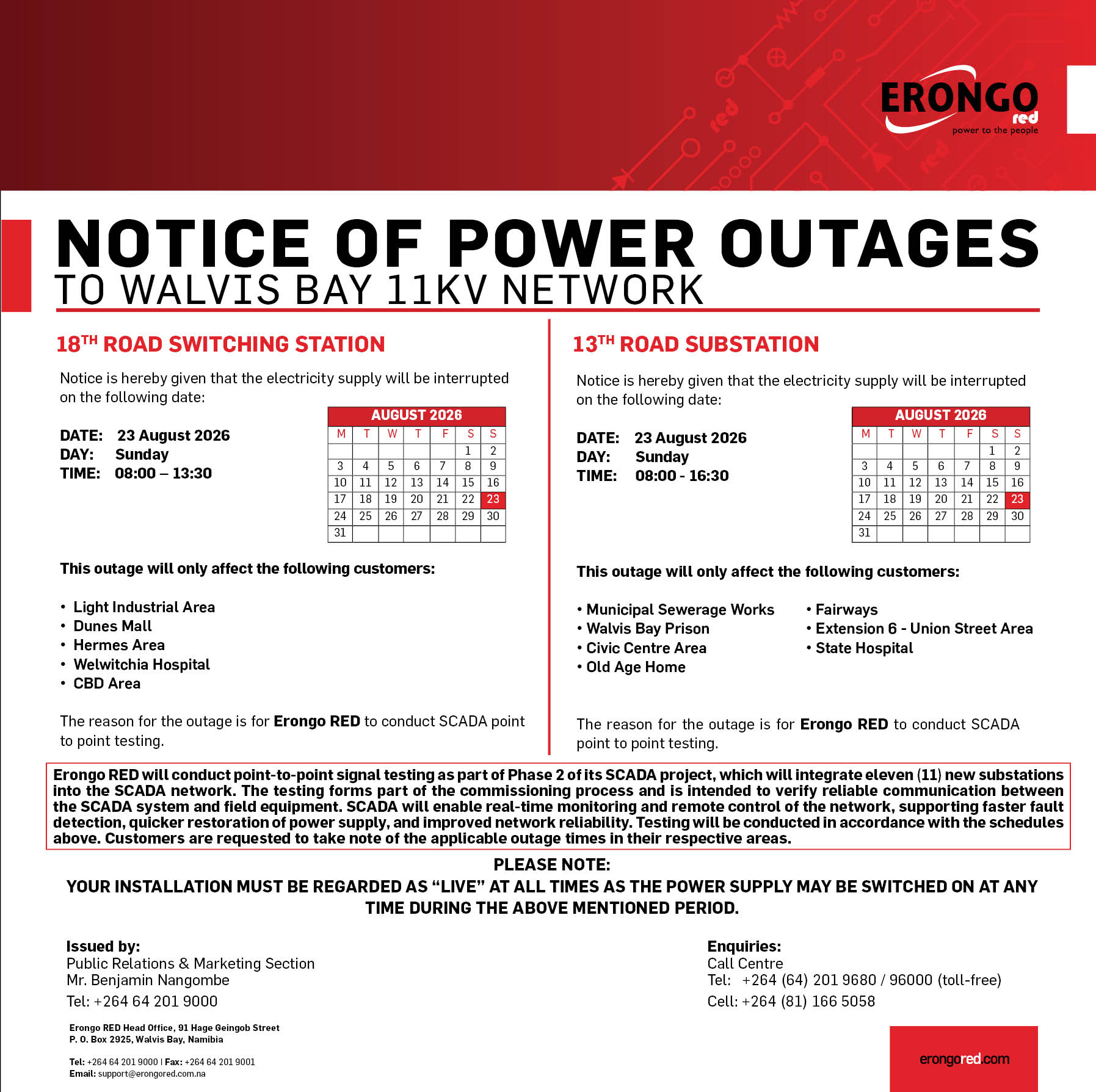 NOTICE OF POWER OUTAGES TO 18TH ROAD & 13TH ROAD SWITCHING STATION