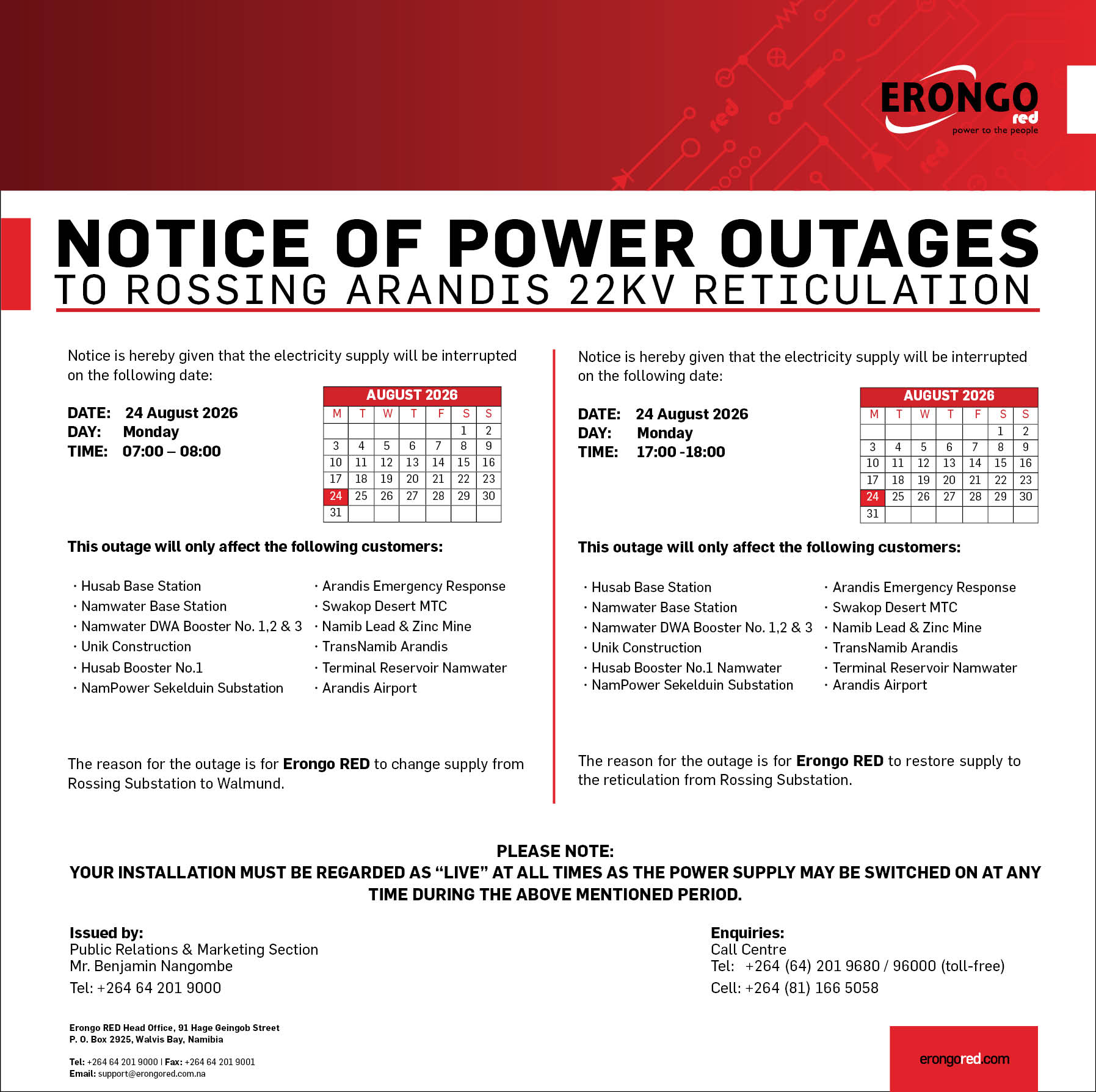 NOTICE OF POWER OUTAGES TO ROSSING ARANDIS 22KV RETICULATION