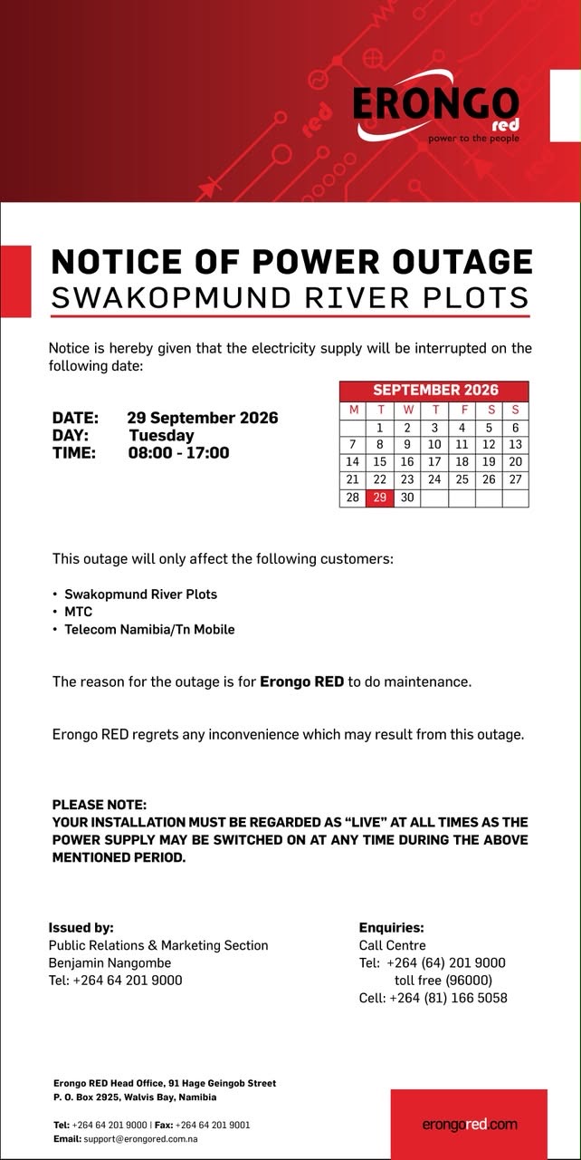 NOTICE OF POWER OUTAGES TO SWAKOPMUND RIVER PLOTS