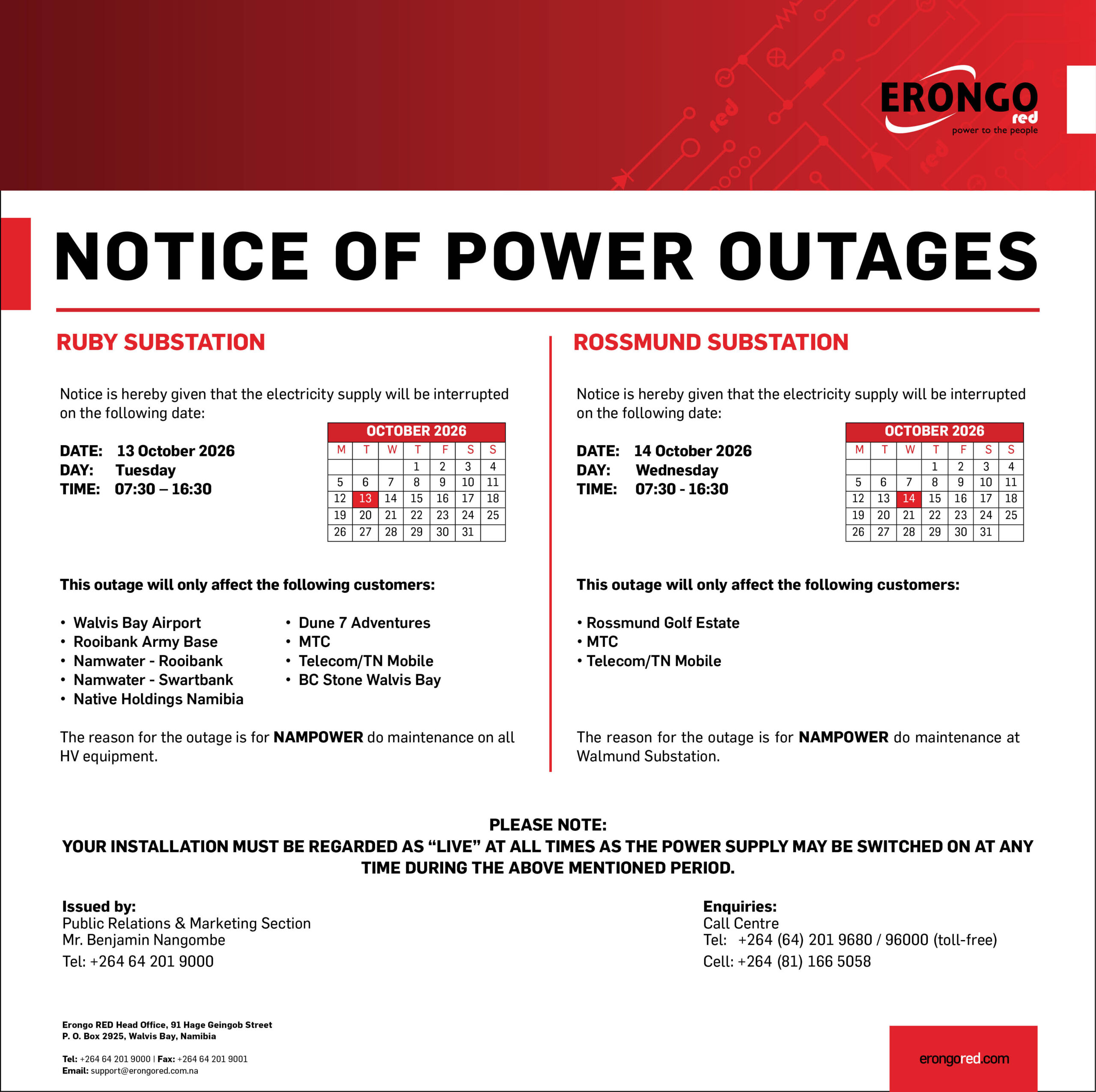 NOTICE OF POWER OUTAGES TO RUBY SUBSTATION &  ROSSMUND SUBSTATION